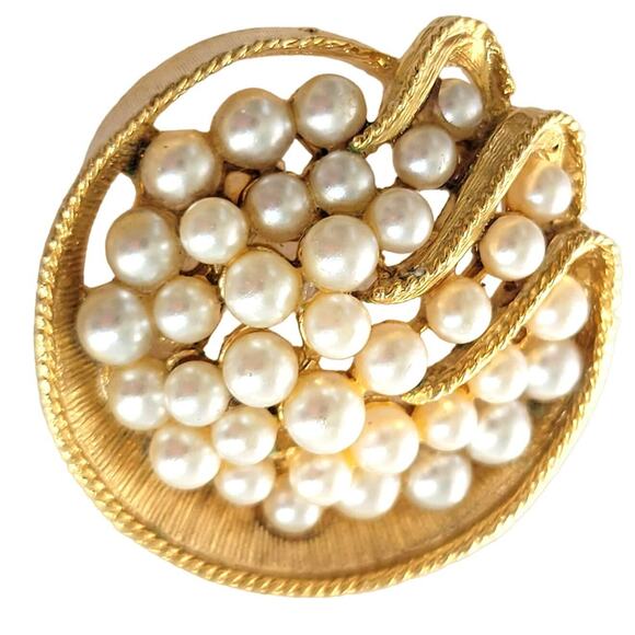 Vintage ART Arthur Pepper Brooch Gold Tone Round Faux Pearl Signed Rope Trim - Picture 2 of 7